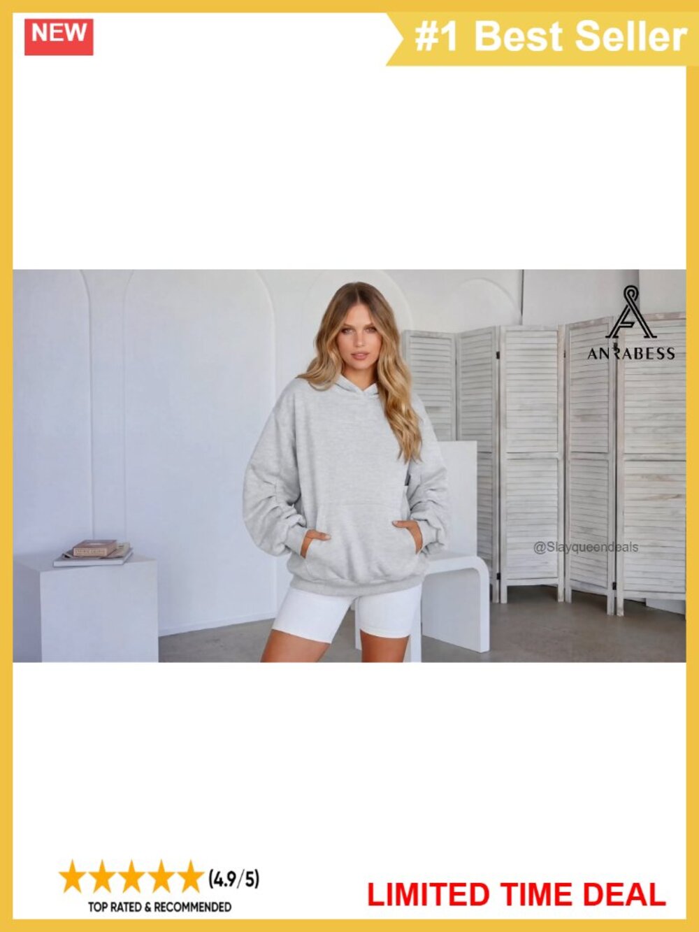 Oversized Fleece-Lined Hoodie Ruched Sleeve Kangaroo Pocket Pullover - Picture 6 of 6